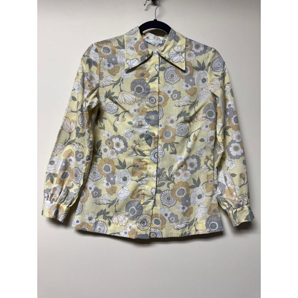 AUTHENTIC VINTAGE 60'S-70'S Floral Thin Barrymore Collar Button Up Blouse